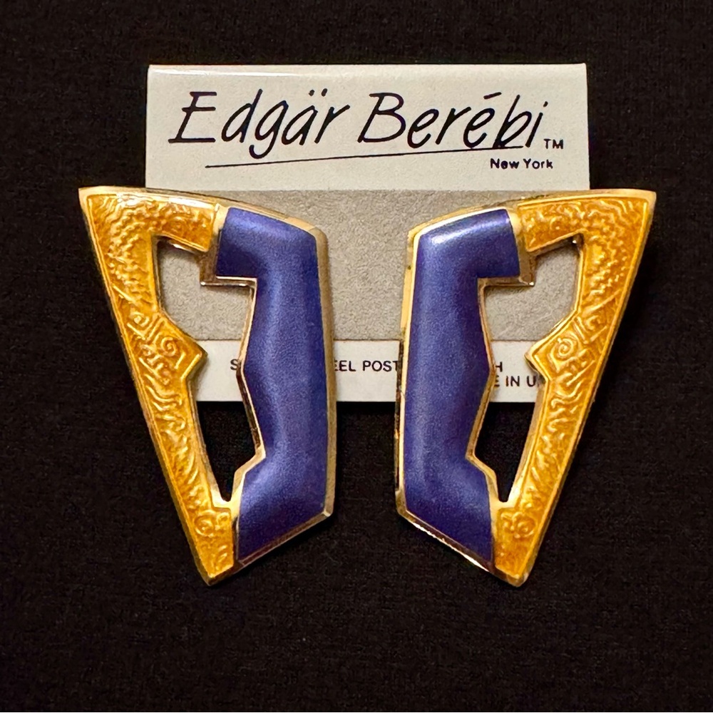 NWT Signed Edgar Berebi 1980s Gold and Purple Large 2.5” Pierced Earrings